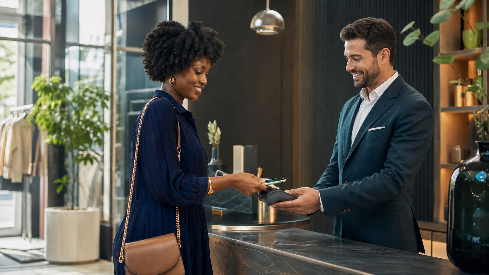 Black woman completing a digital payment with a retail professional